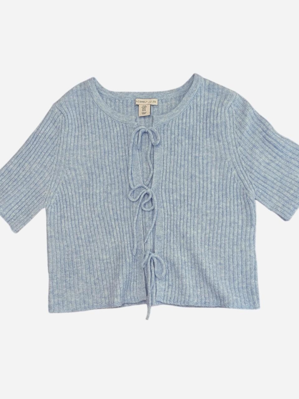 Sincerely Jules Light Blue Ribbed Tie-Front Short Sleeve Cardigan